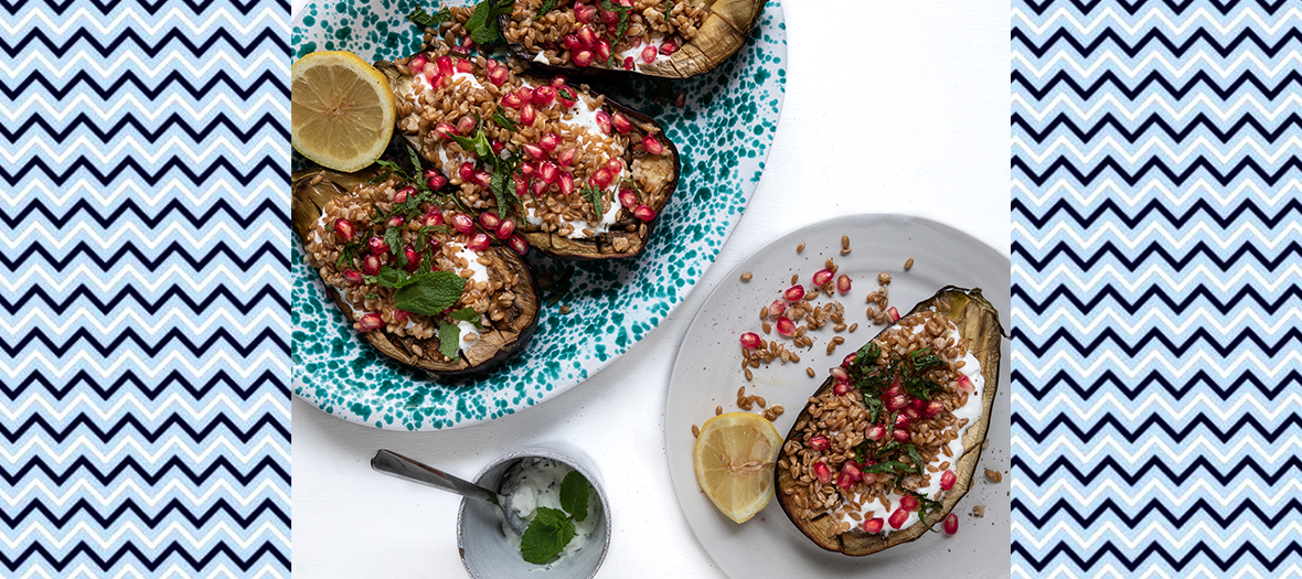 Recette d’aubergines grillées et grenades Extrait du livre Batch cooking libre dîners légers