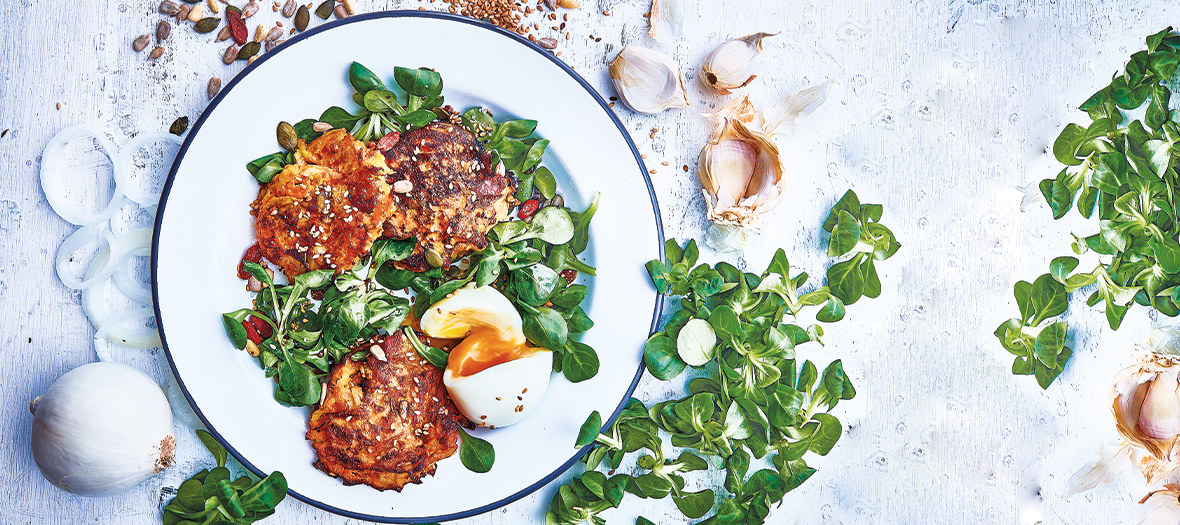 Recette de Paillasson de legumes avec pommes de terre, courge, ail, romarin, œufs, farine de blé, romarin, Fleur de sel et poivre