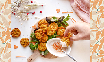 Plat de Croquettes De Patate avec quinoa, Huile d’olive, salade, Piment, Sel et poivre