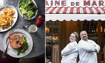 Plats de tartare de bœuf d’Aubrac avec échalotes, oignons, cornichons, basilic, persil, câpres au vinaigre, frite, Sel et poivre