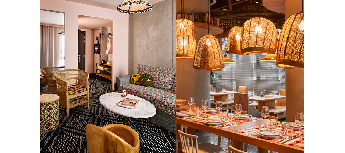 Décoration avec couleurs et imprimés du sol au plafond de chambre et du restaurant de l'hotel Mama Shelter Paris West par Jean-Michel Wilmotte