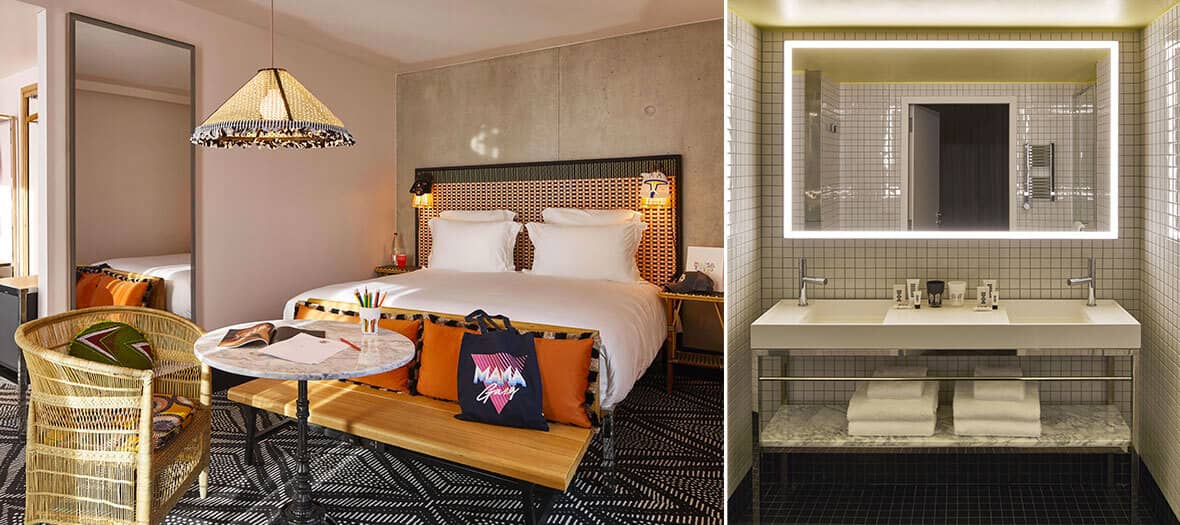 Chambre et salle de bain à l'hôtel Mama Shelter à Paris
