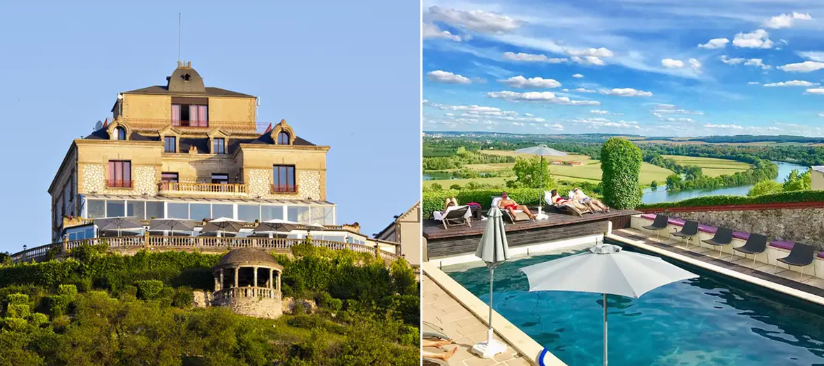 L’Hôtel La Corniche perché sur les hauteurs avec une piscine offrant une vue panoramique spectaculaire sur la vallée environnante.