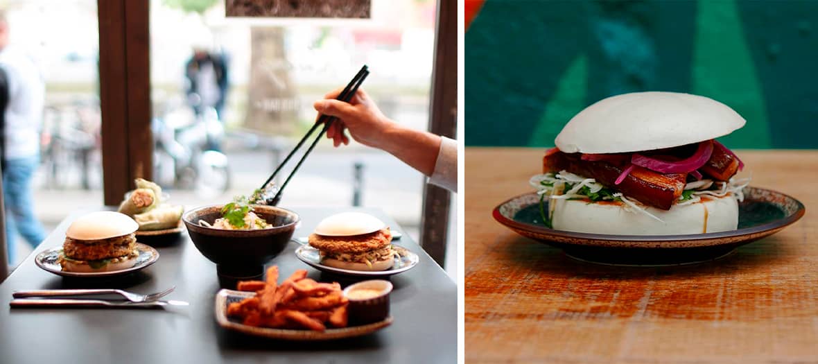 Bao burger avec frites de papates douces, les croquettes de crevettes et les tempuras de légumes chez Siseng