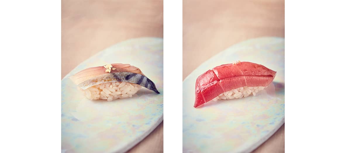 Collection of sushi nigiri, sashimi, sushi, maki for tasting at L'Abysse by Yannick Alléno