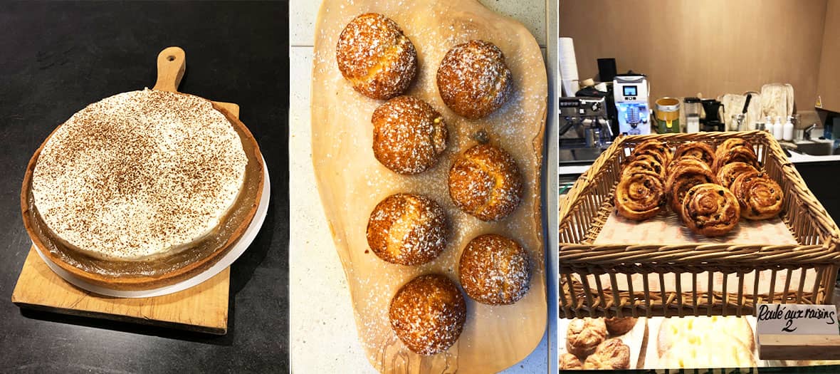 Cakes and pastry from Tapisserie with the part of flan, the raisin roll, the chocolate and caramel tartlet and the Kouign-Amann