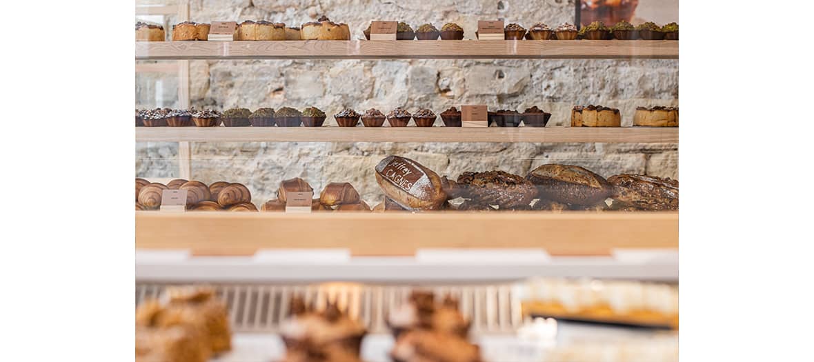 Breads and pastries, with croissants and pain au chocolat with delicate puff pastry, logo loaves made by an artisan baker at Jeffrey Cagnes