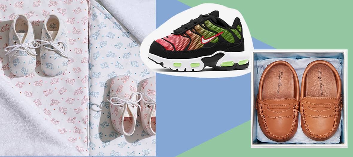 Chaussures Paf Adada Dots Hermès, Nike Air Max Plus et mocassins Penny de Ralph Lauren pour bébés. 