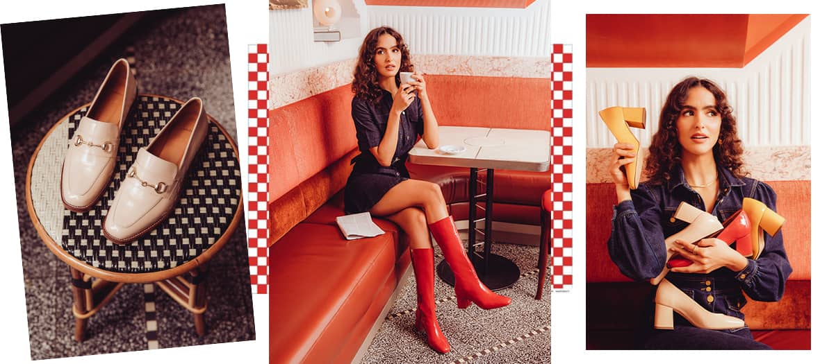 The Bobbies and Juny Breezedes fashion collab second-skin sunflower yellow boots, 60's BB-worthy mid-high boots in patent red, cream pumps with square heels and preppy patent moccasins.
