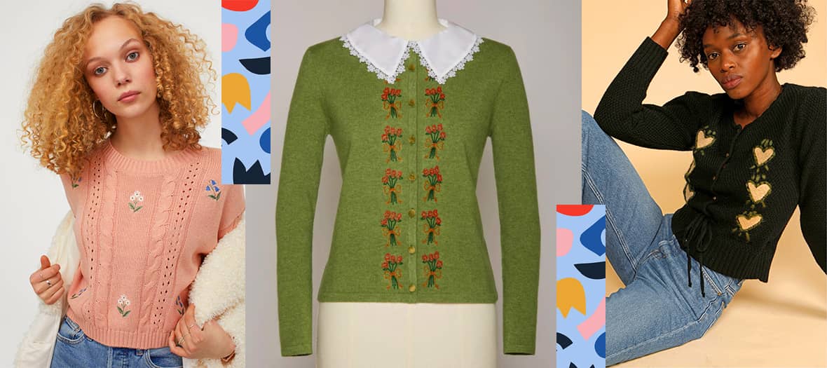 the cardigan or knitted sweater with embroidery details