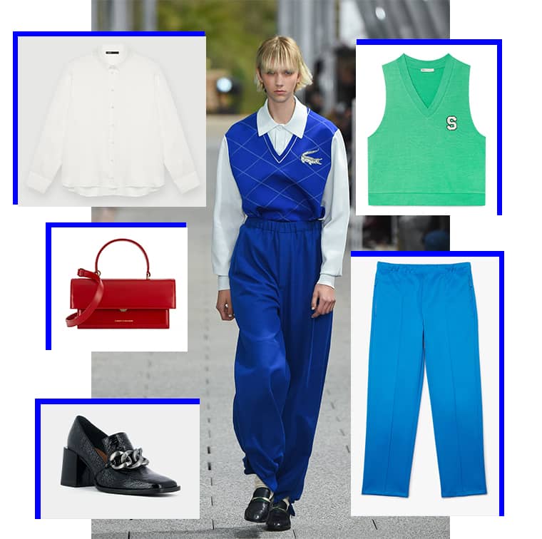 Stradivarius vest with yoke, Maje silk satin shirt, Lacoste Runway Edition plain unisex sweatpants, Jonak black crepe patent leather moccasins with heels, Thea, Tammy & Benjamin handbag.