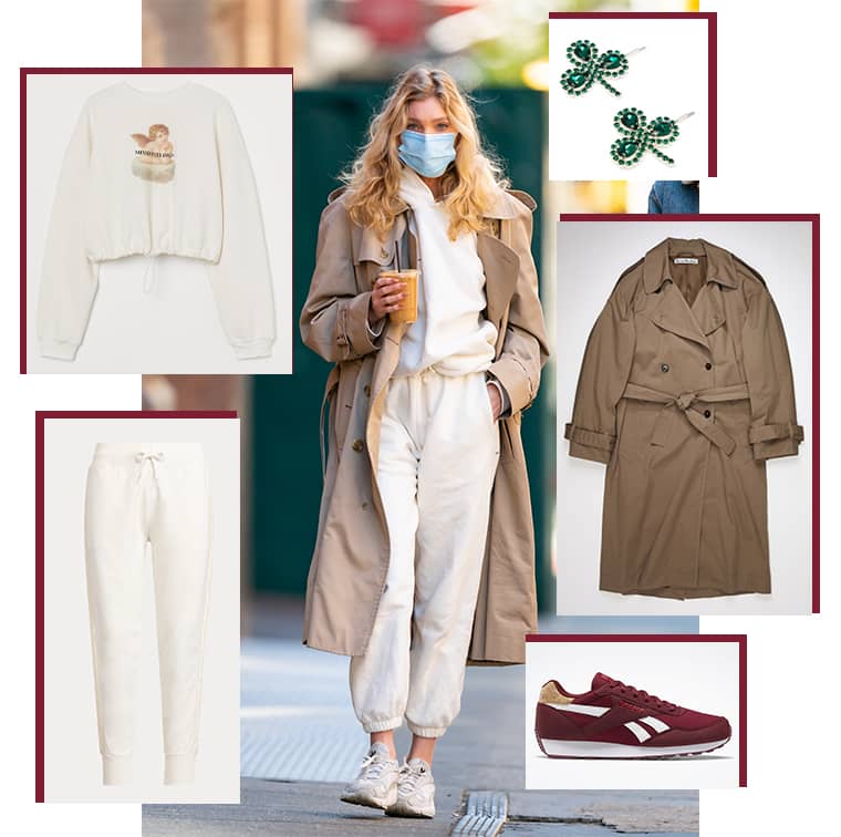 Sweat court H&M, Pantalon de jogging en molleton perlé, Polo Ralph Lauren, Trench en coton, Acne Studios, Rewind Run bordeaux, Reebok et Barrettes à ornements cristaux Clover Art School