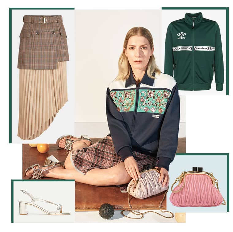 Tracksuit jacket, Umbro, 2-in-1 pleated skirt, Andersson Bell, Metallic leather and rhinestone sandals, Ghazal Paris and pink mini quilted bag, Miu Miu.