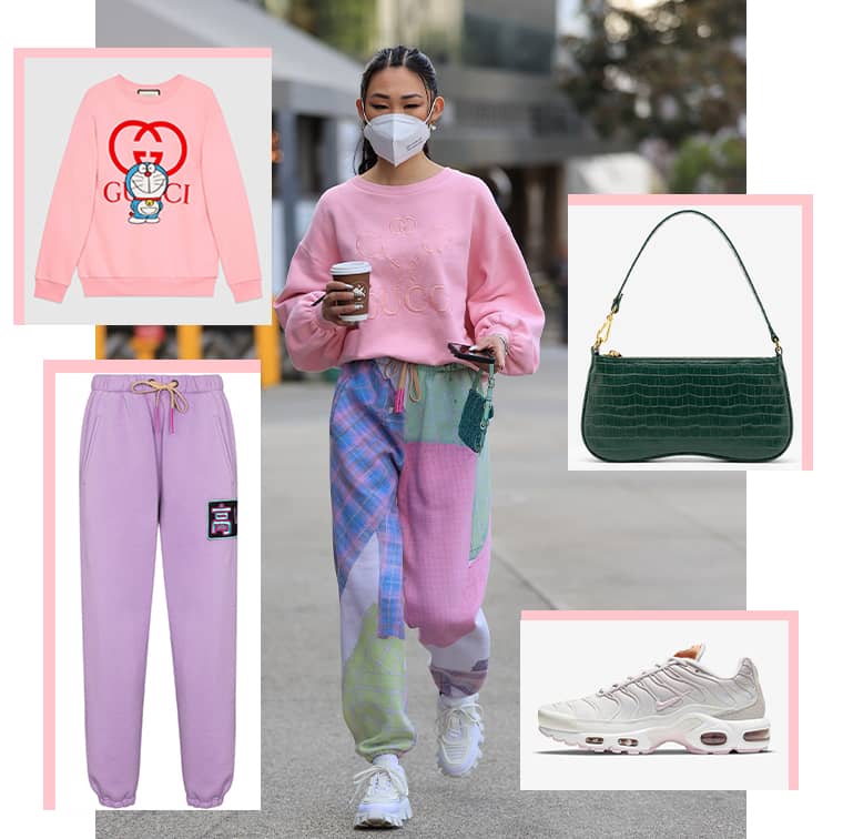 Sweat-shirt en coton Doraemon x Gucci, Pantalon de jogging à broderies, Natasha Zinko,   Sac Baguette Eva vert foncé effet croco JW Pei et Air Max Plus, Nike.