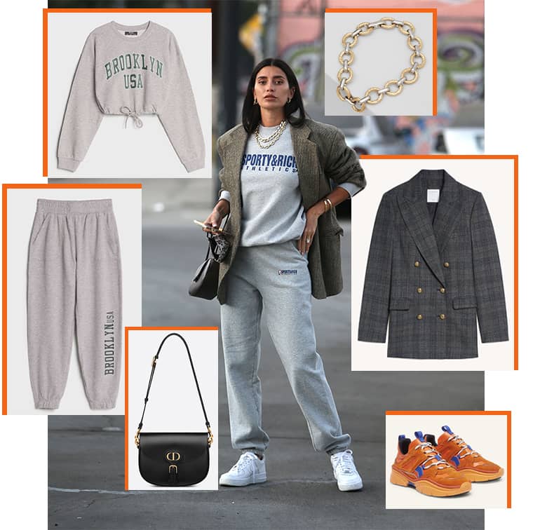 Ensemble sweat et jogger imprimé Bershka,  Veste de tailleur à carreaux Sandro,  Collier Wilson en laiton doré et argent Chloé,  Sac Bobby medium Dior, et Baskets Kindsay, Isabel Marant.