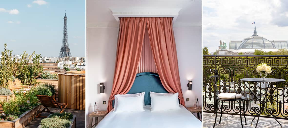 Vue imprenable sur la Tour Eiffel depuis un rooftop verdoyant à Paris, chambre élégante avec lit à baldaquin et draperies roses, et balcon romantique offrant une vue panoramique sur le Grand Palais.