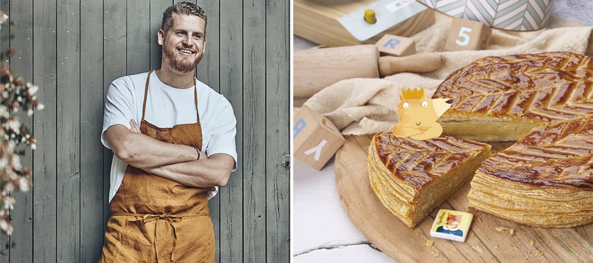 Portrait de Benoit Castel et sa galette des rois avec pâte feuilletée, beurre, poudre d’amande, rhum brun