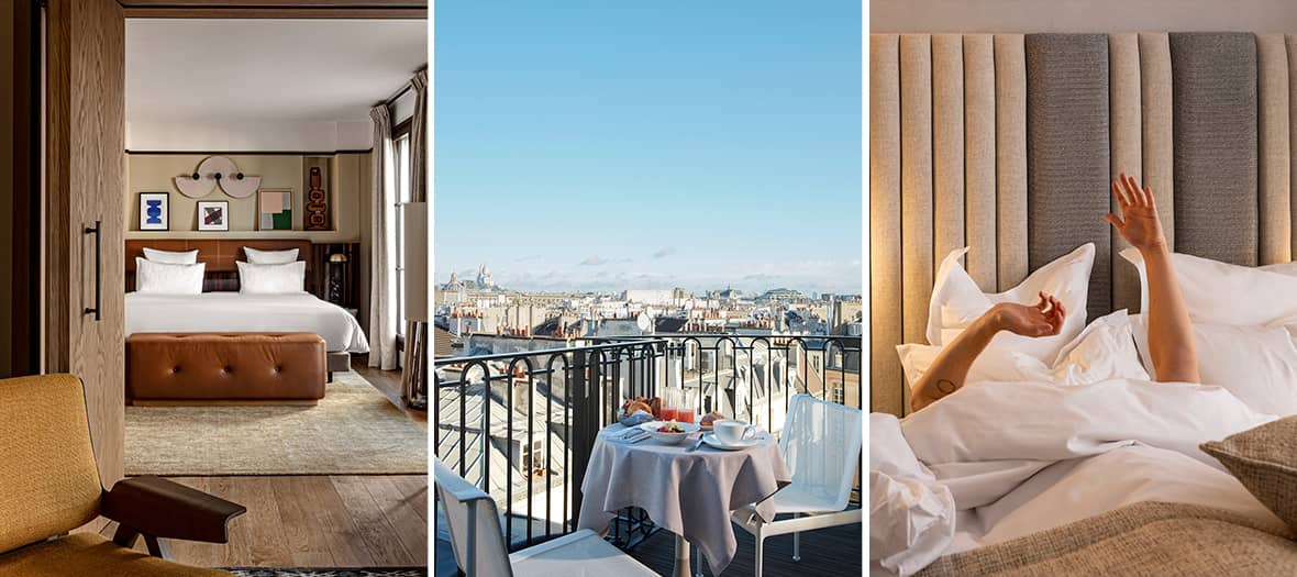 Chambre élégante d’un hôtel romantique à Paris, balcon avec petit-déjeuner et vue panoramique sur les toits de la capitale, parfait pour un séjour en amoureux.