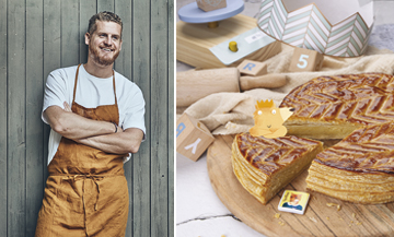 Portrait de Benoit Castel et sa galette des rois avec pâte feuilletée, beurre, poudre d’amande, rhum brun