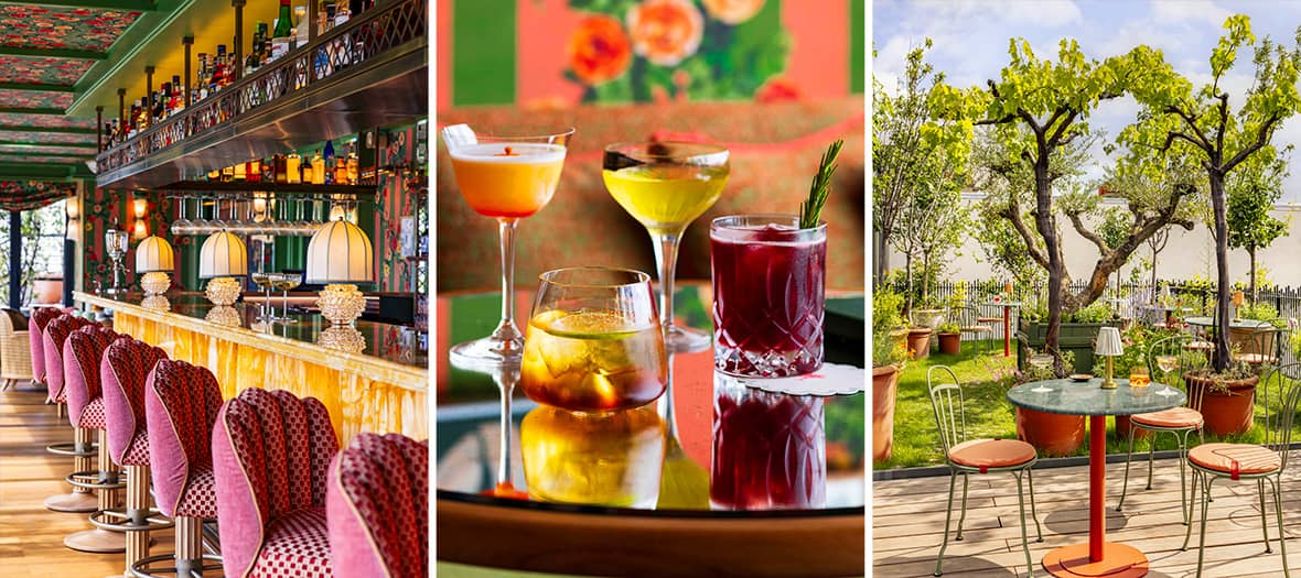 Cocktails colorés et terrasse verdoyante au bar de l’Hôtel Fantaisie à Paris, atmosphère chic et bohème.
