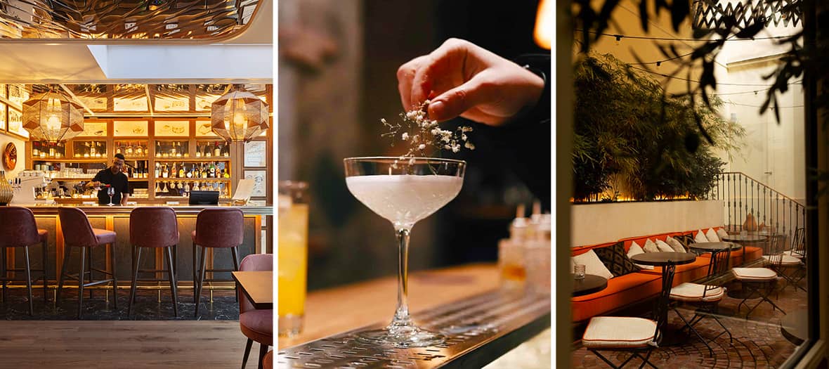 Bar cosy et chaleureux de l’Hôtel Pulitzer Paris, parfait pour un cocktail signature en soirée.