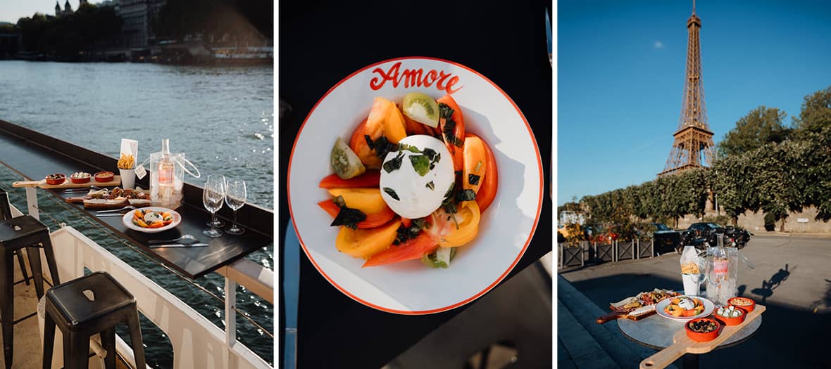 Planche apéritive, burrata et cocktails servis sur une péniche avec vue sur la Seine à Paris, ambiance chic face à la Tour Eiffel.