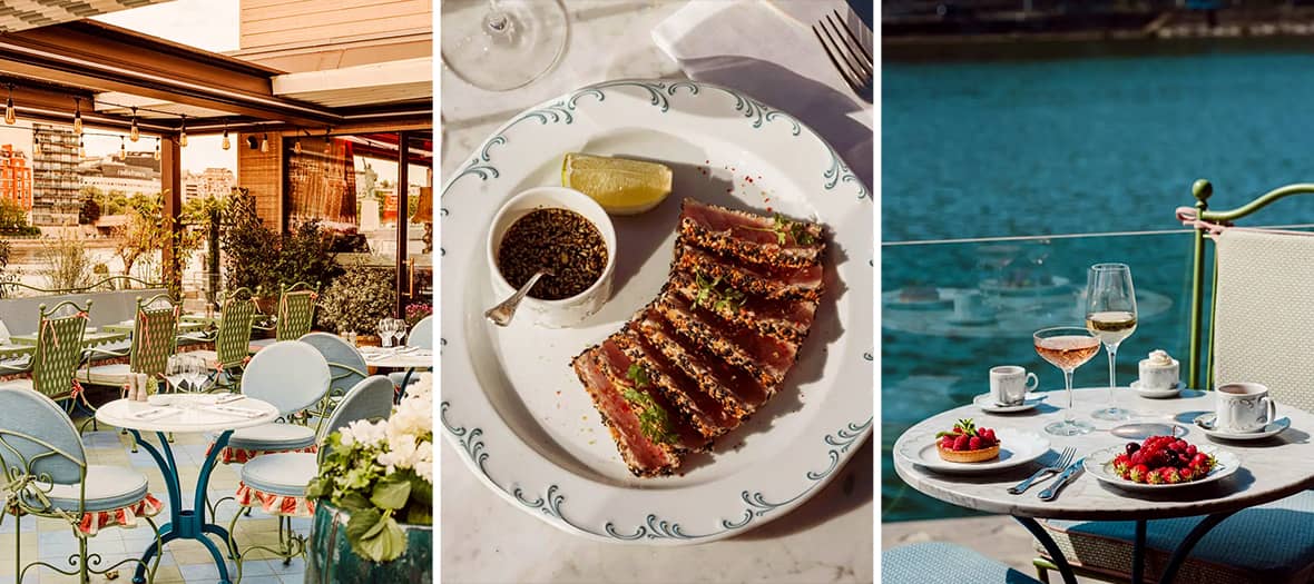 Terrasse élégante en bord de Seine avec chaises bistrot et assiettes de thon snacké et desserts gourmands, à La Plage Parisienne.