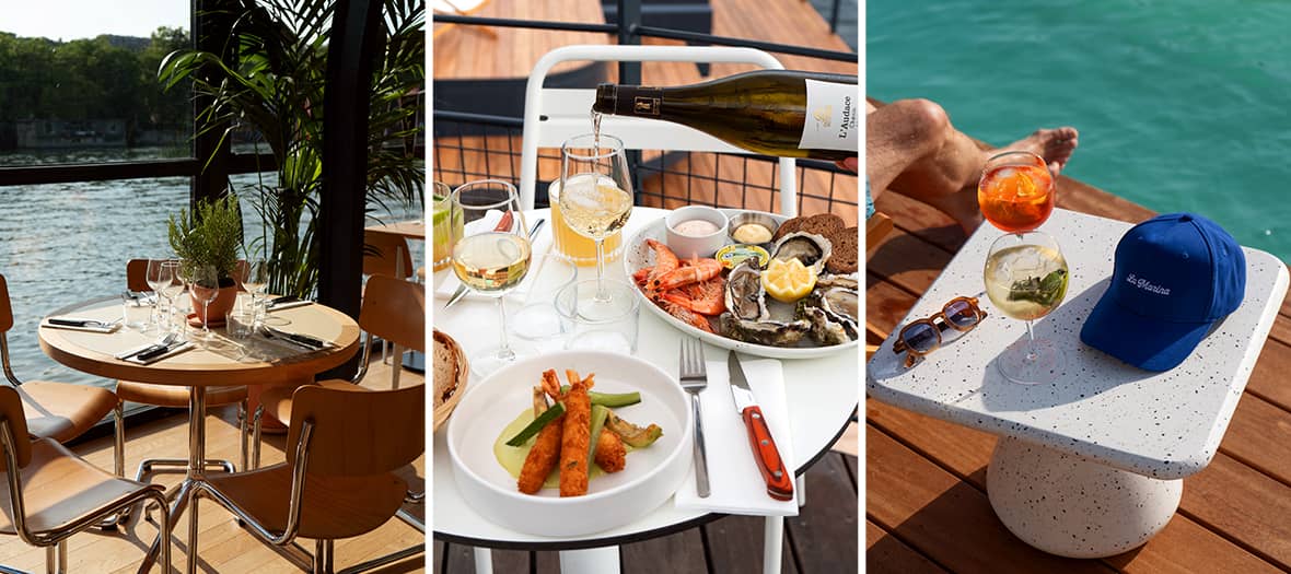 Table en bord de Seine avec fruits de mer, crevettes, vin blanc et ambiance estivale au soleil, dans une guinguette flottante.