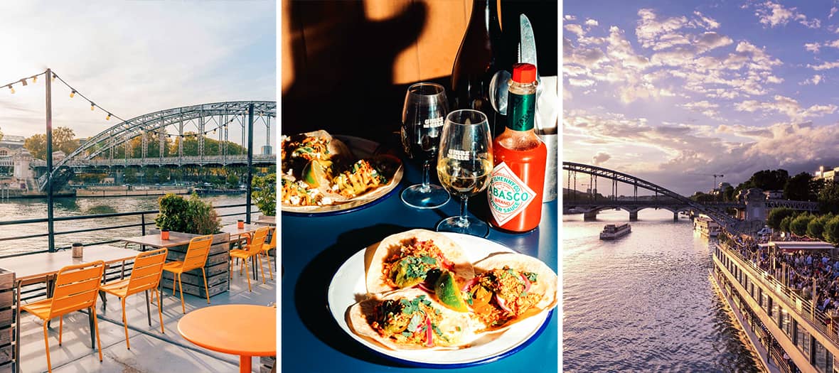 Terrasse avec vue sur un pont parisien, assiettes de tacos et ambiance guinguette festive à Mazette, rive gauche de la Seine.