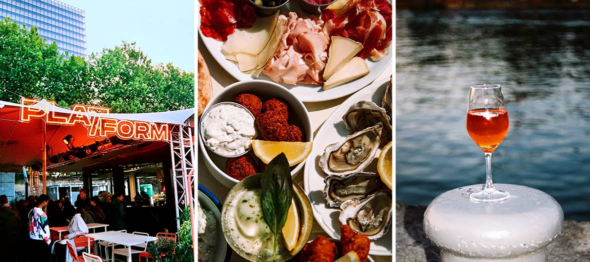 Ambiance conviviale chez Platform 13 à Paris, avec assiettes de charcuterie, huîtres et cocktails servis face à la Seine.