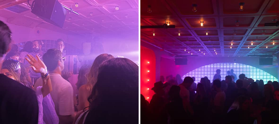 Foule dans une bo&icirc;te de nuit parisienne avec jeux de lumi&egrave;re et ambiance chaude.