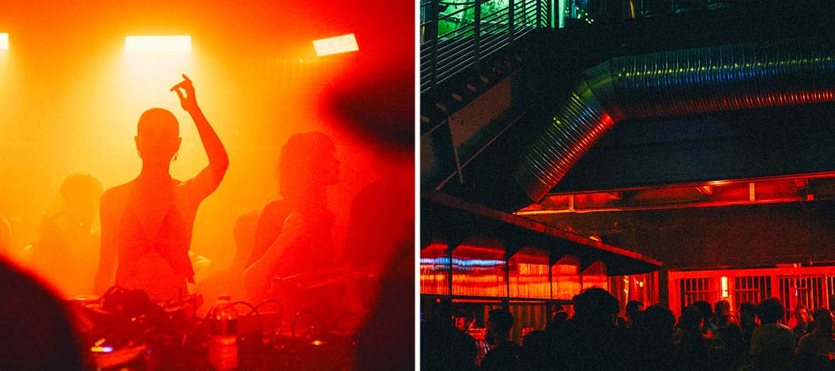Foule dans un club parisien avec &eacute;clairage rouge intense et ambiance &eacute;lectro immersive.