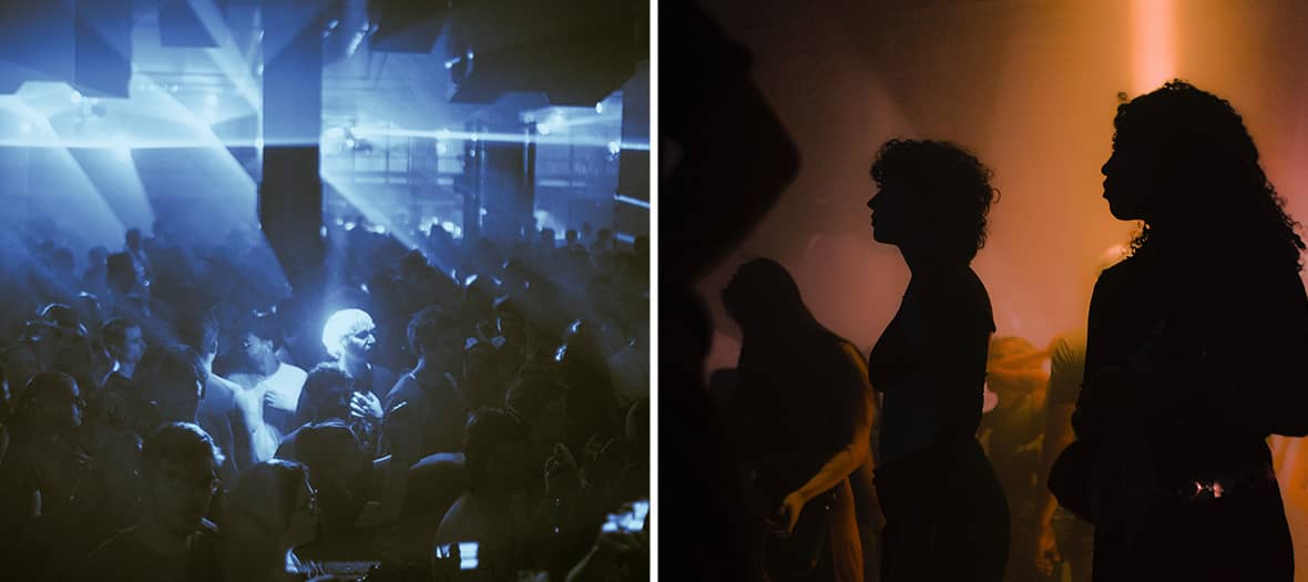 Cabine DJ et espace de danse &eacute;clair&eacute; en rouge au club Mia Mao &agrave; Paris.