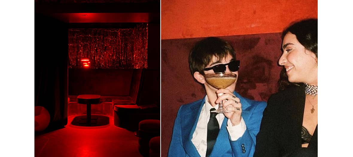 Personnes dans un club parisien en train de trinquer avec cocktails dans une ambiance glamour.