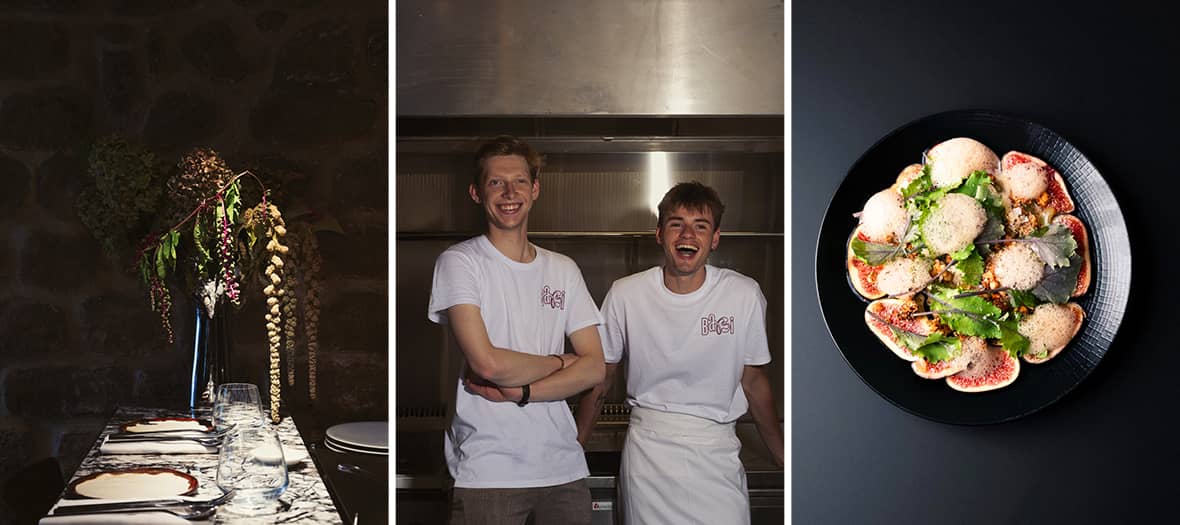Les chefs Jérémie Taché et Néo Guérin dans la cuisine du restaurant Babi à Paris, nouvelle adresse conviviale rue Mandar.