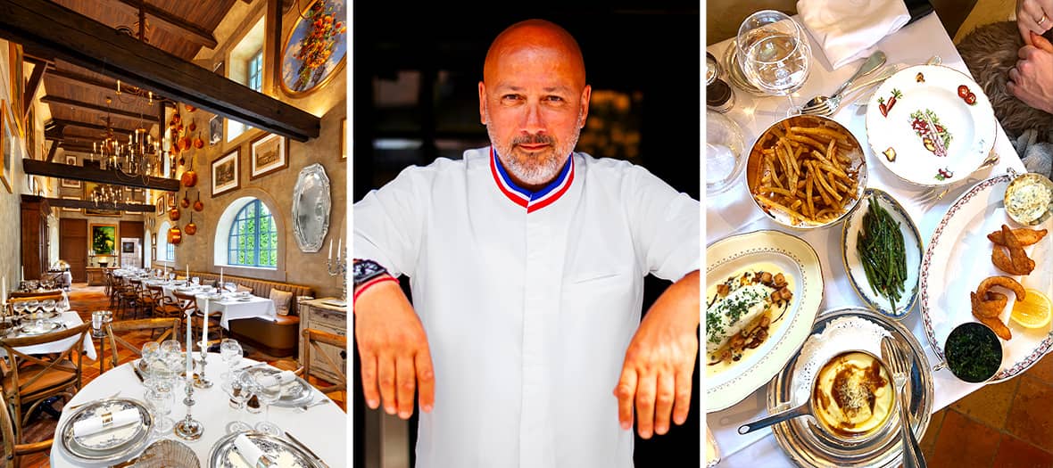 Table dressée avec menu gastronomique à la Ferme du Pré, chef Frederic Anton, Meilleur Ouvrier de France et salle chaleureuse aux poutres apparentes.