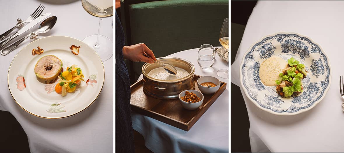 Plats gastronomiques du restaurant Panurge à Paris, alliant cuisine française raffinée et créativité contemporaine.