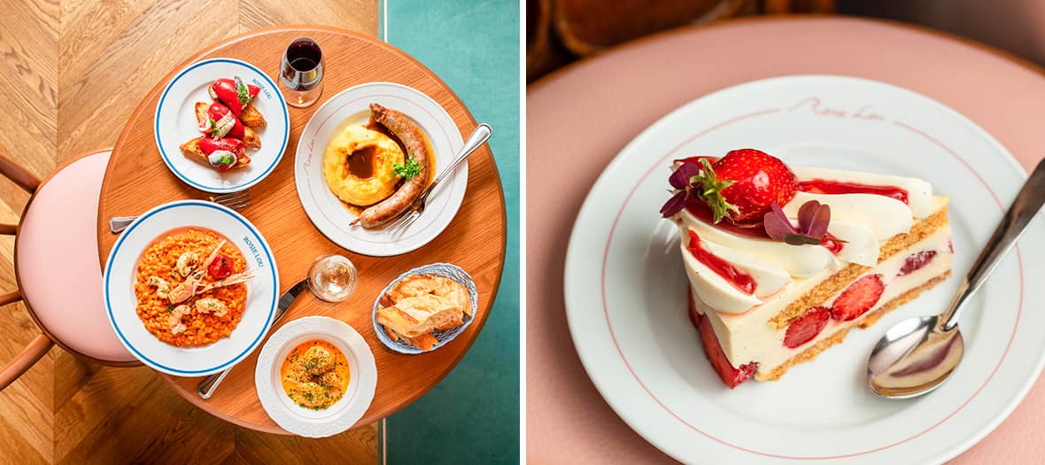 Assortiment de plats et dessert à la fraise du restaurant Rosie Lou à Paris, mettant en avant la carte gourmande et colorée.