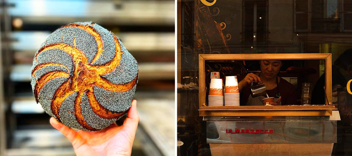 Boulangerie emblématique avec pain de campagne et viennoiseries au pavot à Paris 10e.