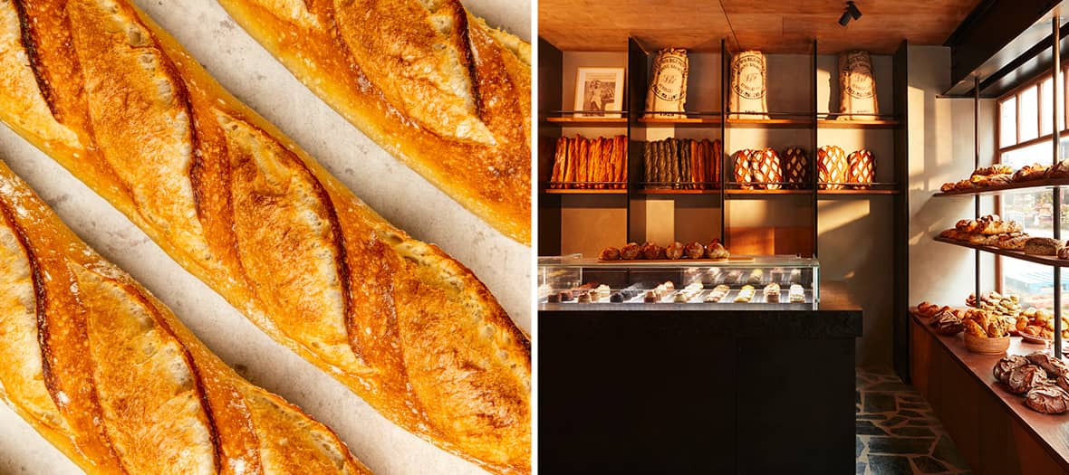 Vitrine de la boulangerie Liberté à Paris avec baguettes croustillantes et déco rustique moderne.