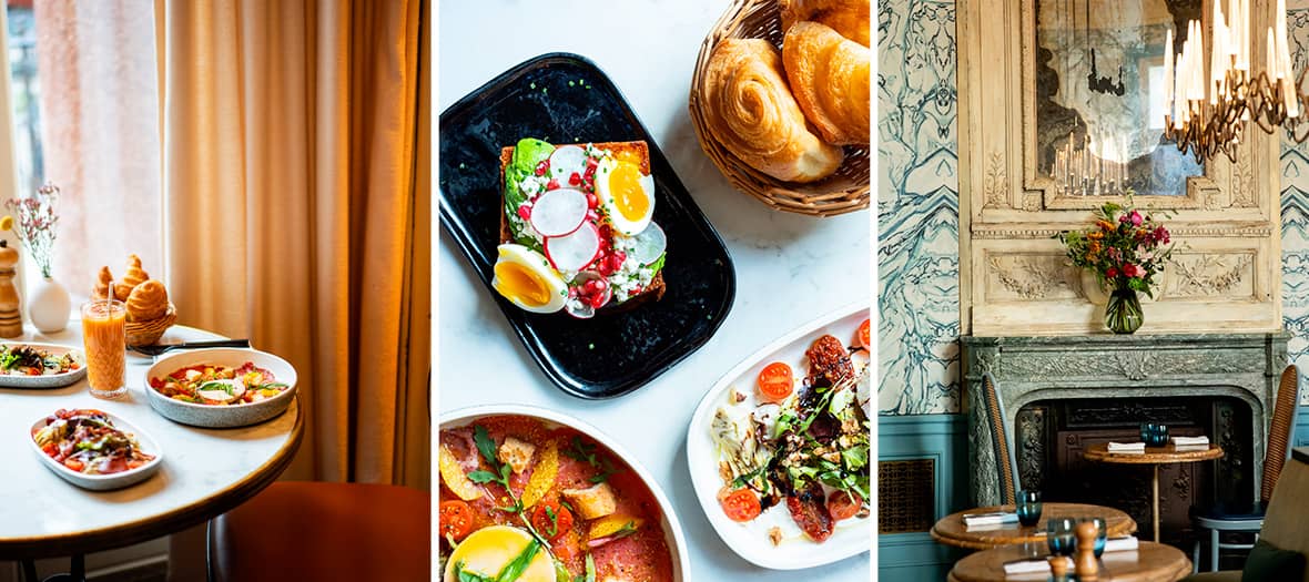 Brunch table at BB Blanche in Paris with pastries, balanced dishes, and fresh juice in a chic atmosphere.