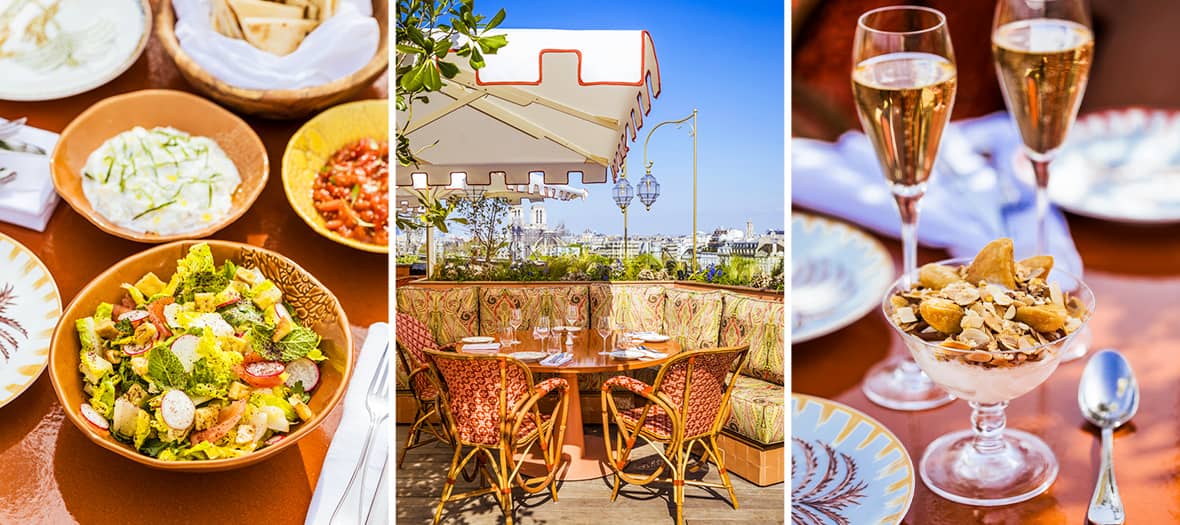 Oriental brunch on the terrace of Dar Mima in Paris with panoramic view, mezze, fresh salad, and fruit dessert.