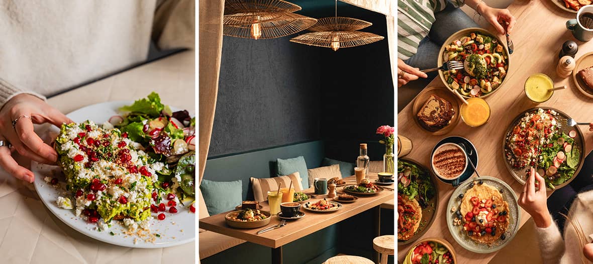 Assiette de brunch healthy au Caf&eacute; Marlette &agrave; Paris avec avocado toast, feta, grenade et salade fra&icirc;che.