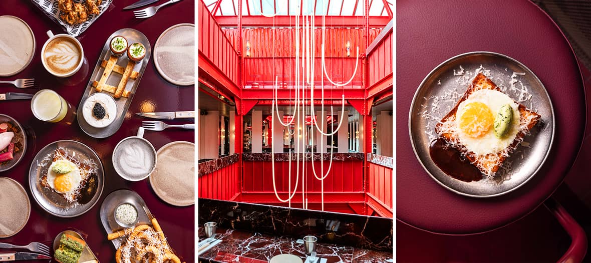 Table de brunch au restaurant Maslow Temple &agrave; Paris avec d&eacute;coration &eacute;l&eacute;gante et plats color&eacute;s servis &agrave; partager.