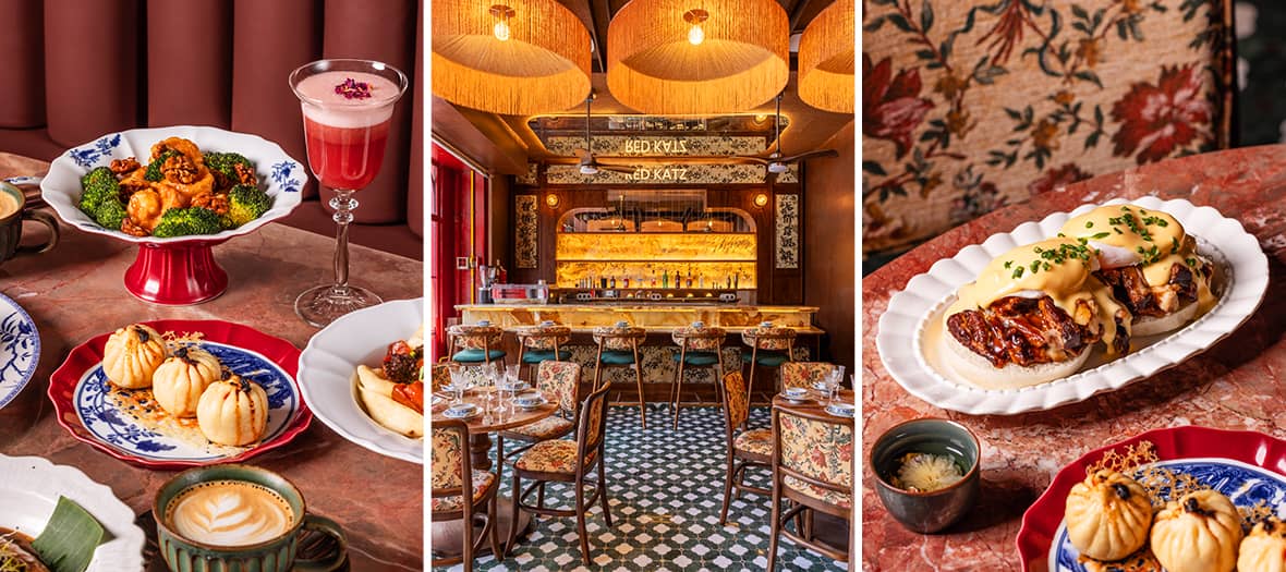 Brunch gourmand au restaurant Red Katz &agrave; Paris avec &oelig;uf parfait, assiettes cr&eacute;atives et d&eacute;cor rouge iconique.