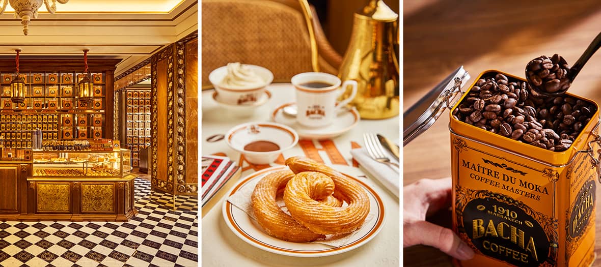 Intérieur raffiné de la boutique Bacha Coffee à Paris avec décor doré, churros gourmands, café servi à table et boîte de grains de café premium.