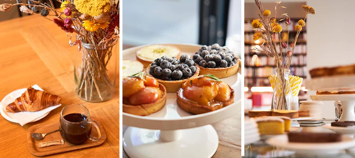 Petit-déjeuner au Tram café-librairie à Paris avec croissant, café et ambiance chaleureuse sur fond de bouquets secs.