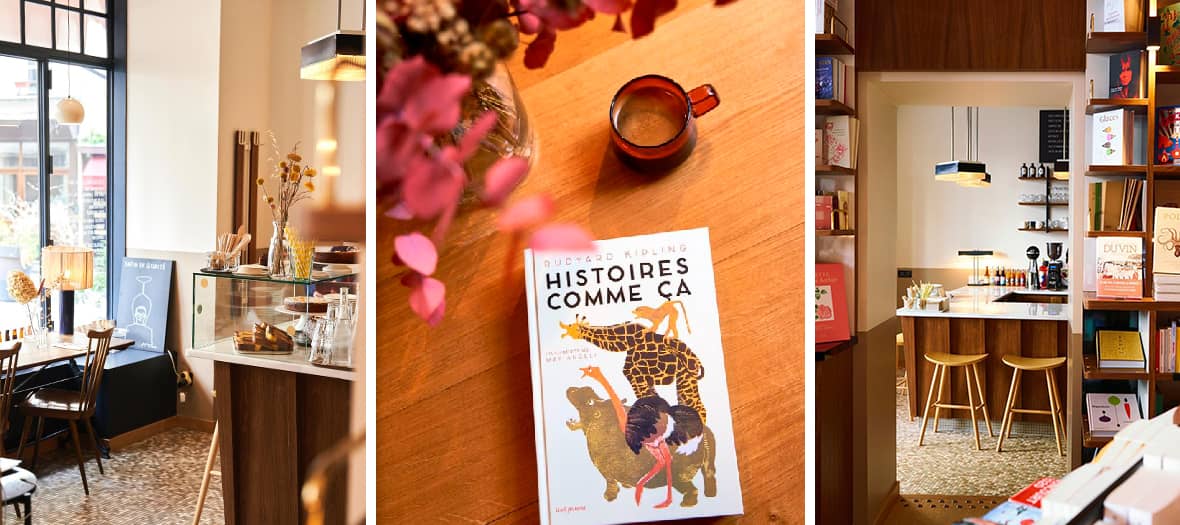 Intérieur de la librairie Tram à Paris avec étagères de livres, tables conviviales et espace café du Quartier Latin.