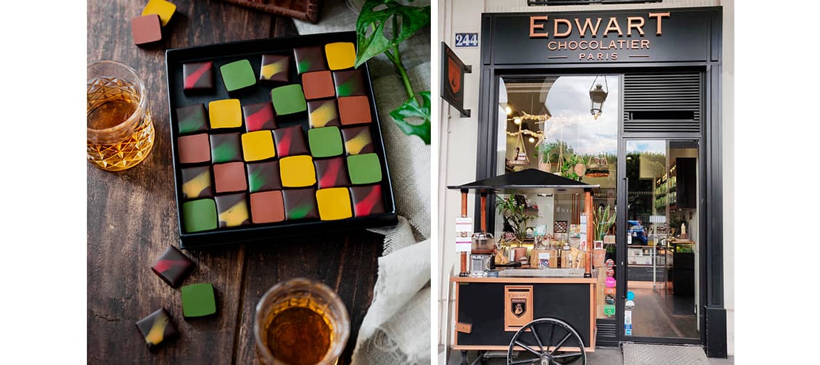 Chocolats colorés et boutique Edwart Chocolatier à Paris, créations audacieuses