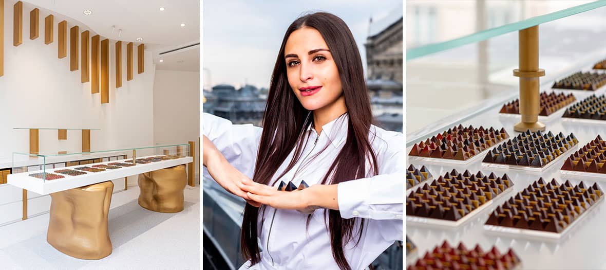 Jade Genin dans sa boutique de chocolats design à Paris avec créations géométriques